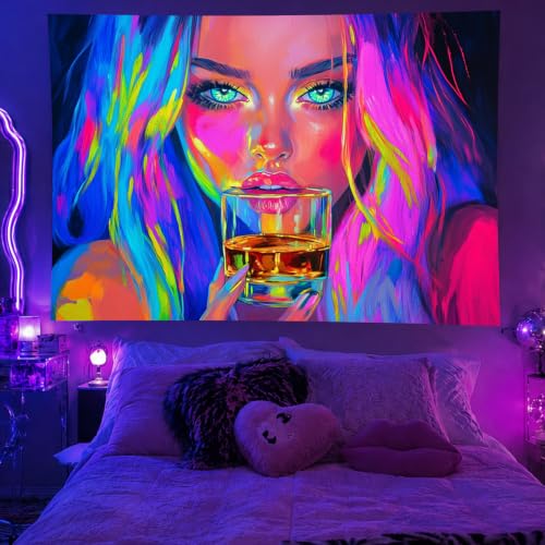 Image of BlissYard Neon Tapestries Cool Girl Anime Wall Tapestry Aesthetic Blacklight Tapestry UV Reactive Purple Tapestries Glow In The Dark Art Wall Hanging Poster Room Bedroom Party Backdrop Decor 78x59 In