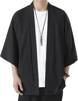 SPORTARC Men's Loose Fit Kimono Top Shirt, Open Front Cardigan Coat, Japanese Yukata Robe XL Black