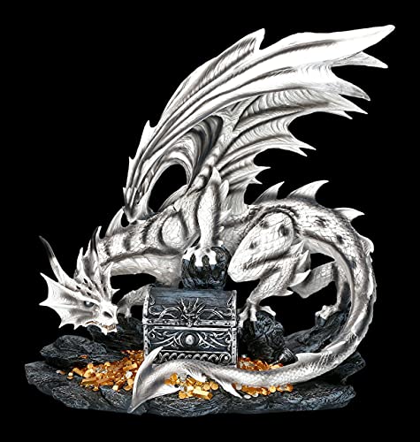 Figuren-Shop.de Große weiße Drachen Figur bewacht Schatztruhe
