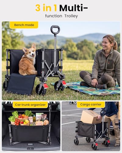 YEAUPE PRO Wózek składany z hamulcem postojowym, 70 l, 50 kg, składany wózek z 4 kierunków, uchwyt z regulacją wysokości i otworem bocznym, do ogrodu, na kemping, wózek plażowy i zakupy, szary