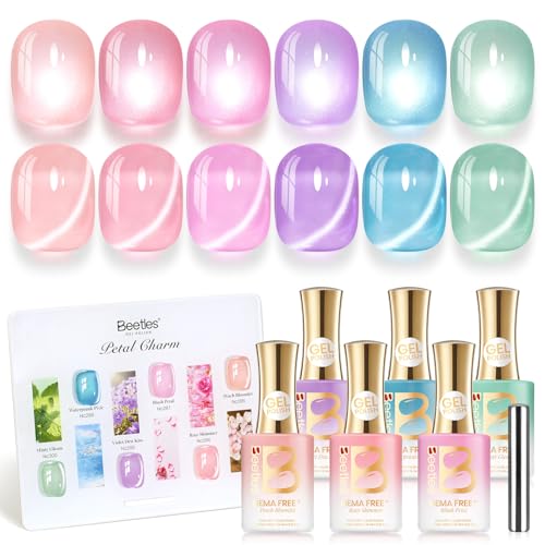 Image of Beetles Petal Charm Cat Eye Gel Nail Polish Set - 6 Colors 0.5Oz Full Size Spring Gel Polish Kit Glitter Pink Purple Blue Orange Red Green Magnetic Effect Soak Off UV Salon at Home Manicure Gift