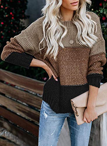 Tiksawon Womens Color Block Striped Oversized Crew Neck Sweaters Pullover Fashion Long Sleeve Loose Knitted Jumper Tops (A-Khaki, Small)