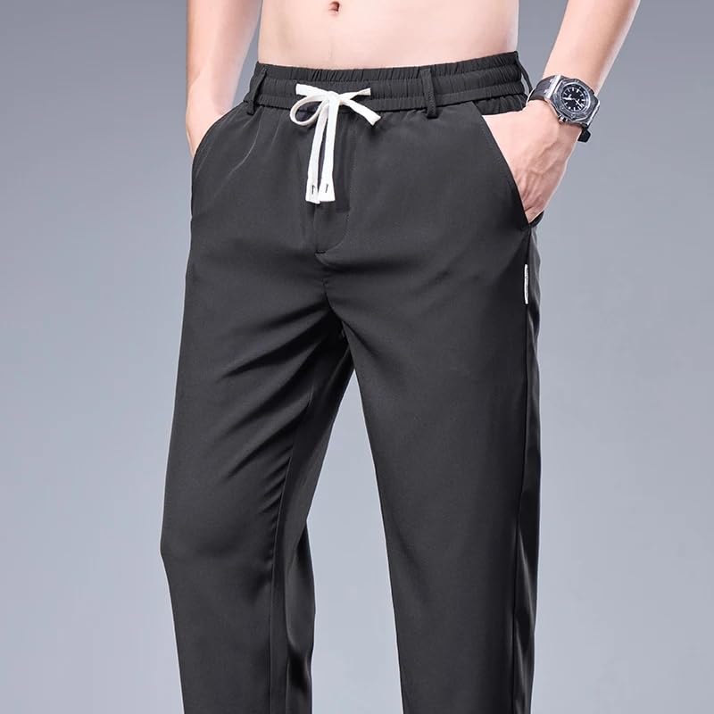 Men Drawstring Casual Pants Summer Ice Silk Sweatpants Elastic Waist Business Male Trousers4