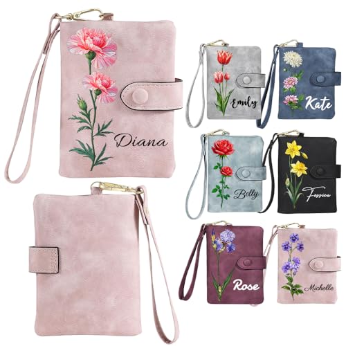 Carteras pequeñas personalizadas para mujer, pulsera de cuero desmontable con flor de nacimiento y nombre personalizados, regalo para el Día de la Madre, regalo personalizado para mamá (Billetera)