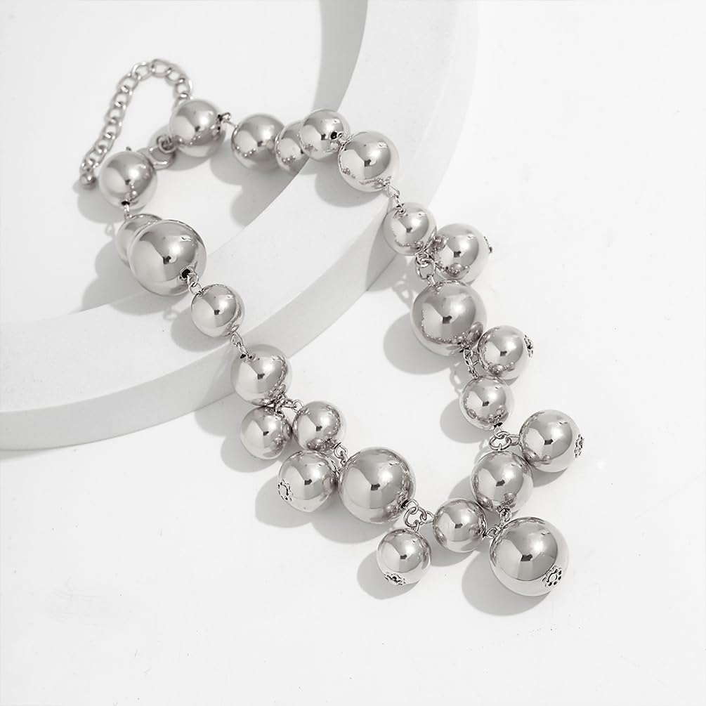 Unique Large Chunky Gold Beads Choker Necklaces for Women Trendy, Statement Big Thick Silver Beaded Bold Ball Necklace Punk Party Prom Jewelry Gifts - Image 5