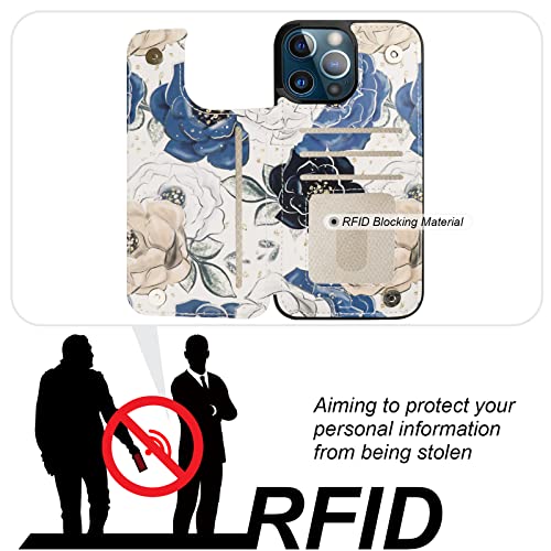 Image of HAOPINSH for iPhone 13 Pro Max Wallet Case with Card Holder, Blooming Floral Flower Pattern Back Flip Leather Case Kickstand Card Slots for Women Girls, Double Magnetic Clasp Shockproof Cover 6.7 inch