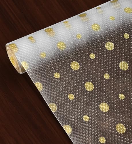 Yellow Weaves PVC Kitchen Mat Fridge Mats 45 cm X 5 Meters Anti Slip Roll, Shelf Liners Sheet for Kitchen, Shelves, Cabinet, Drawer, Wardrobe, Refrigerator, Table (Golden Polka Dots)