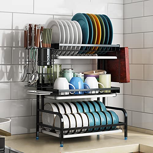 Escurreplatos Acero Inoxidable,Escurridores De Platos Con Bandeja De Goteo, Rejillas Para Secar Platos De 3 Niveles, Escurreplatos Bandeja De Desagüe,Estante Para Cubiertos,negro ( Color : Black ) Cover