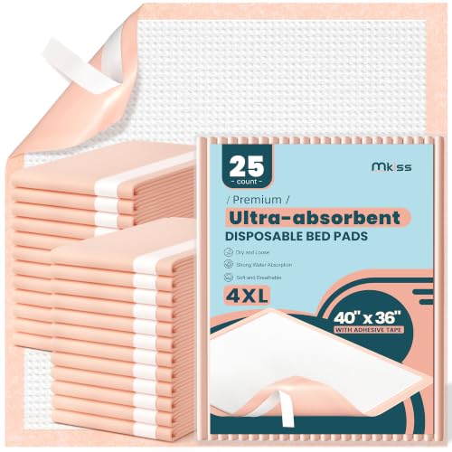 Image of MKISS Extra Large Bed Pads with Adhesive Strips 40 inch x 36 inch 25 Count | Super Absorbent Thicker Disposable Underpads Heavy Duty Chucks Pads for Adults & Senior, Kids, Pee Pads for Training Pad