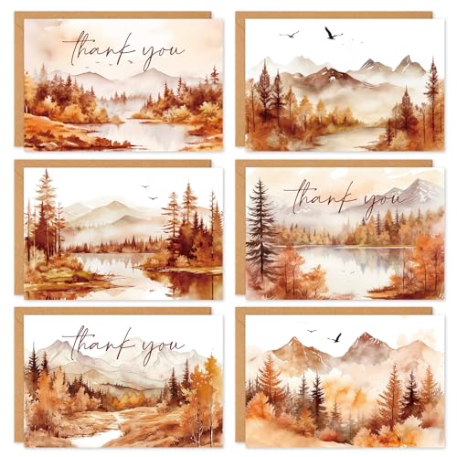 Cartes de remerciement automne aquarelle montagne Whaline, lot de 48 avec enveloppes