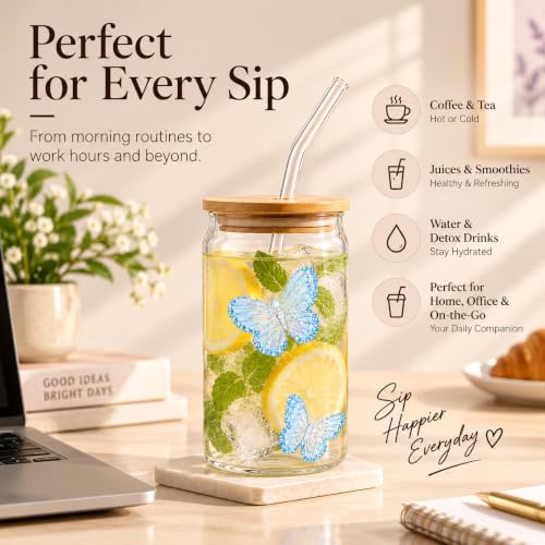 Image of 400ml Sipper Drinking Jar with Bamboo Lid & Glass Straw, Butterfly Printed Mason Jar Cup, Leakproof Reusable Smoothie & Juice Tumbler, Beverage Glass for Home & Office (Pack of 1)