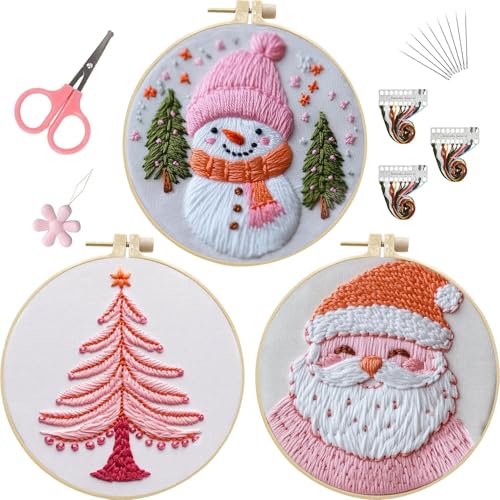 Image of LB Pink Christmas Embroidery Kit for Beginners Adults, 3 Sets Hand Embroidery Starter Kit with Santa Pattern and Instructions Stamped Cross Stitch Kits Include Embroidery Hoop Needles Threads Scissors