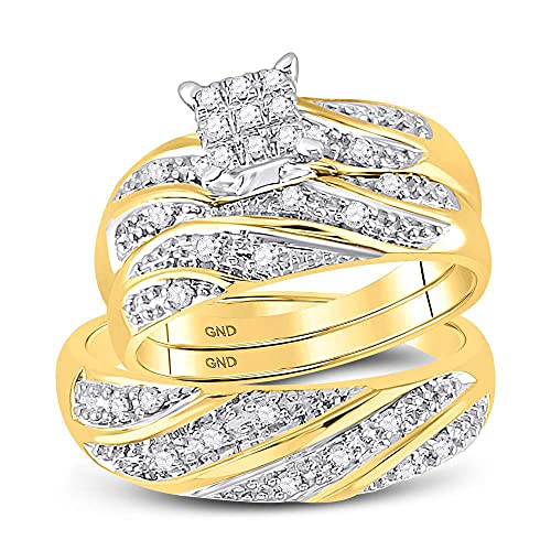 14k Yellow Gold Mens and Ladies Couple His & Hers Trio 3 Three Ring Bridal Matching Engagement Wedding Ring Band Set - Round Diamonds - Princess Shape Center Setting (1/4 cttw) - Please use drop down menu to select your desired ring sizes