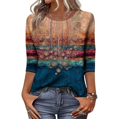 Loose Fitting Tops for Women Coastal Grandma Clothes Blusas Vaqueras para Mujer Coldwater Creek Clothing 3/4 Sleeve Tops for Women Fall Bohemian Floral Paisley Print Tees Shirts f Orange,M