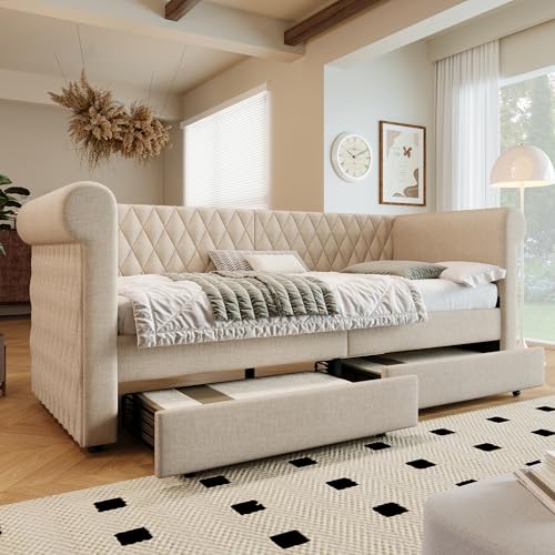 Pawom Cabecero vintage tapizado de 90 x 200 cm, sofá cama con 2 cajones de almacenamiento, cama infantil, cama juvenil, estructura de lino, beis, con somier de láminas