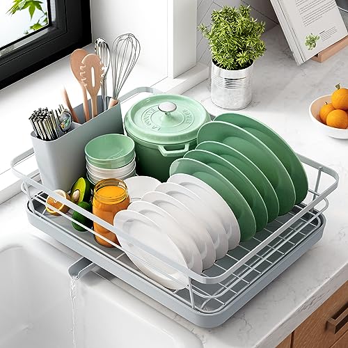 Kitsure Dish Drying Rack- Space-Saving Dish Rack, Dish Racks for Kitchen Counter, Durable Stainless Steel Kitchen Drying Rack with a Cutlery Holder, Light Grey