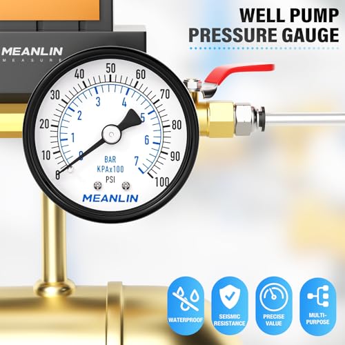 Image of MEANLIN MEASURE 0-100Psi Well Pump Pressure Gauge 1 /4 inch NPT 2 inch FACE DIAL for Well Pump Water Tire Water Pressure Tester Back Mount, with Teflon Tape