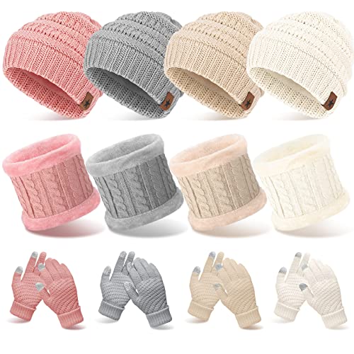 12pcs Winter Beanie Hat Scarf Gloves Set Thick Beanies Hat Knit Skull Cap Neck Warmer Touchscreen Gloves for Men Women(Beige, Pink, White, Gray)