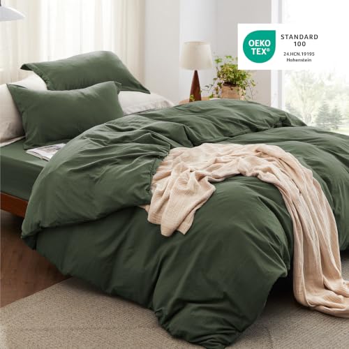 Image of Bedsure Prewashed Duvet Cover Full with Fitted Sheet, 4Pcs, Olive Green