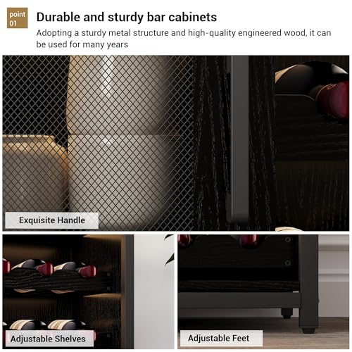 Image of Vintage Industrial Wine Bar Cabinet with Adjustable Wine Racks and Glass Holders, Mesh Door Sideboard Storage Cabinet for Living Room, Kitchen, Dining Room, Compact Design, Easy Assembly,Black