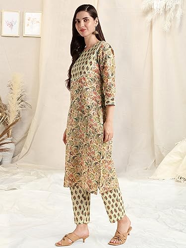 Image of MIRCHI FASHION Women Straight Cotton Hand Embroidery Work Kurti Set with Dupatta and Pant (MK9714 - Light Yellow, Green - S)