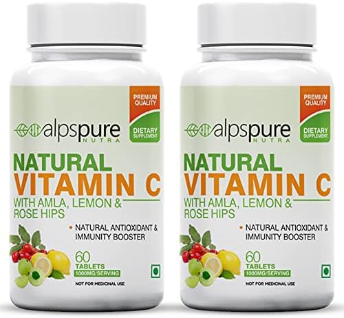 Alpspure Nutra Natural Vitamin C (Pack of 2-60 Veg Tablets Each) with 1000 mg Amla, Lemon & Rose Hips Extracts | Immunity Booster & Antioxidant | Promotes Healthy & Glowing Skin | For Men & Women