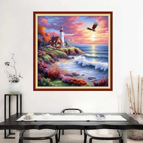 Image of Joyhoor Stamped Cross Stitch Kits for Beginners Needlepoint Kits for Adults Embroidery Kits 11CT Counted Cross Stitch Kits Printed Embroidery Pattern-Seaside Lighthouse 18x18 inchs