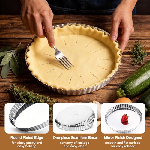 E-far 9.5 Inch Tart Pan, Stainless Steel Pie Quiche Pan Baking Dish for Oven, Reusable Pie Plate Tin with Fluted Edge & Seamless Bottom, No Leakage and Dishwasher Safe, Mirror Silver - Image 4