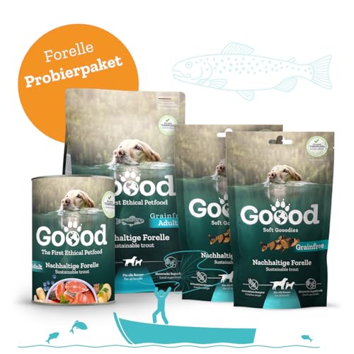Goood Adult Nachhaltige Forelle Probierpaket – 300g Trockenfutter, 400g Nassfutter, 2X 100g Snacks - Hundefutter mit hochwertigen Proteinen, getreidefrei – für alle Rassen und Größen