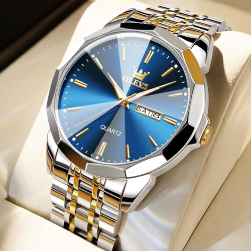 Image of OLEVS Watches for Men Business Dress Diamond Analog Quartz Big Face Luxury Classic Stainless Steel Waterproof Luminous Two Tone Wristwatch