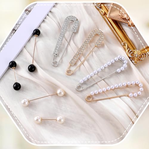 Image of 8Pcs Women Brooch Pins, Sweater Shawl Clips Brooches and Pins for Women Artificial Crystal Pearl Brooches Pant Waist Tightener Safety Clips for Dress Shirt Jeans Clothing Decoration Accessories