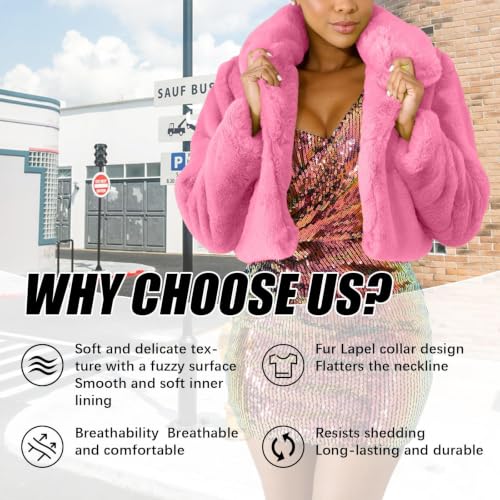 Image of RAMOUG Women Faux Fur Jacket Lapel Crop Fuzzy Coat Outerwear