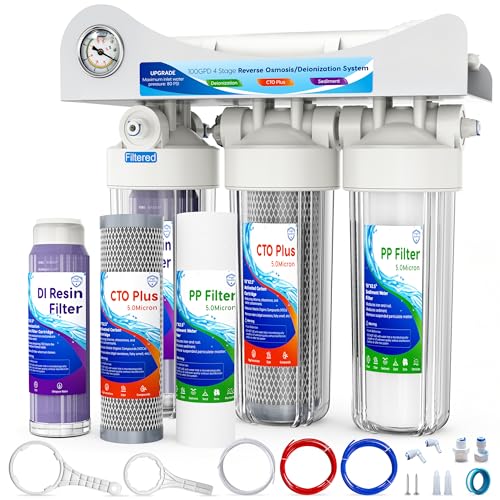 4 Stage Reverse Osmosis Deionization Water Fliter System, with Pressure Gauge and Deionization Water Filter, RO/DI Water Filtration System with Flushing Valve，100 GPD