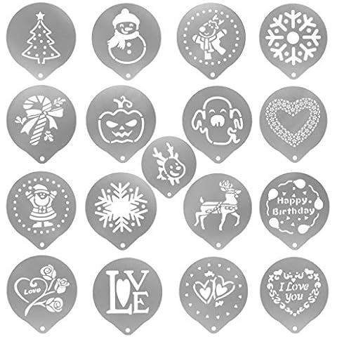 17 PCS Coffee Decorating Stencils, YOCZOX Foam Latte Art Barista Template for Decorating Oatmeal Cupcake Cappuccino Hot Chocolate for with Santa Claus Ghost Christmas Halloween - A Cover