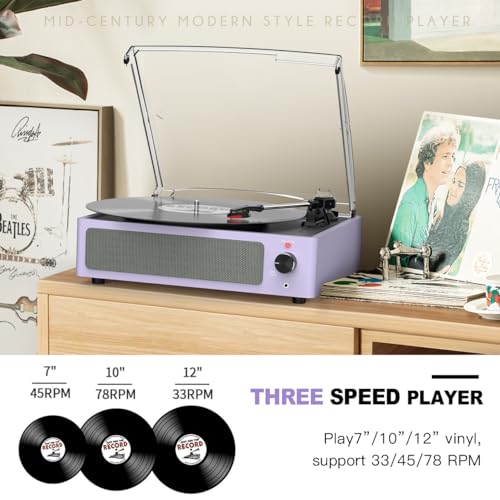 Image of Turntable Vinyl Record Players New Sleek Turn Tables with Speakers Belt-Driven All-in-one LP Phonograph 3-Speed Bluetooth Wireless Playback Headphone AUX RCA Auto Stop Pale Light Purple