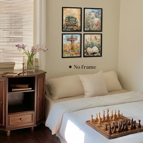 Image of WEFKODO Vintage Christian Flower Bookish Decor Wall Art, Retro Christian Pictures Wall Decor for Home Bathroom Reading Room Church Bedroom, Spring Summer Sheep Posters Prints