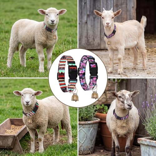 Image of 2 Pack Goat Collars with Bells, Sheep Grazing Copper Bells and Adjustable Nylon Collar Set Loud Bronze Bell Small Farm Animal Sheep Cow Accessories(Vibrant Color,Groovy Pattern)