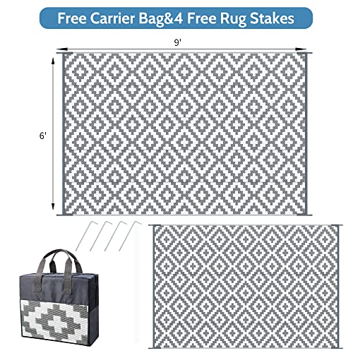 GENIMO Reversible Outdoor Rug for Patio Clearance,6'x9' Waterproof Plastic Mat,Patio,Camping,Rv,Deck,Porch,Camper,Balcony,Gray & White - Image 2