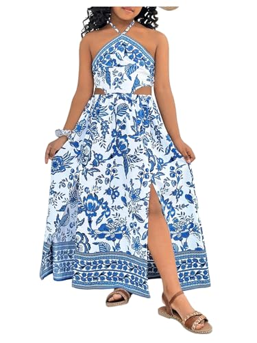 Girl's Tropical Floral Vacation Halter Dresses Cut Out Sleeveless Split Smocked Maxi Dress