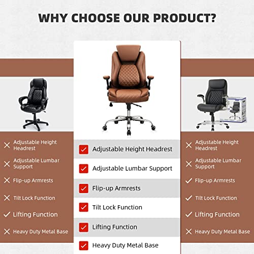 Yamasoro Ergonomic Desk Chair Executive Office Chairs Comfortable With Flip-Up Armrests - Adjustable Headrest, Tilt And Lumbar Support -Pu Leather Computer Chair, Red-Brown #TOP5