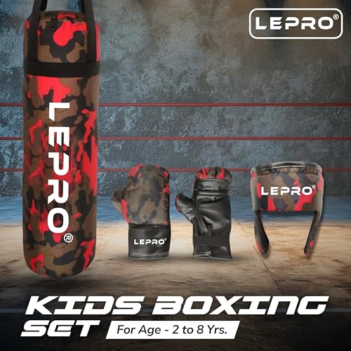 Image of LEPRO Kids Boxing Kit, Kids Punching Bag Set, Hanging Boxing Bag with Boxing Gloves & Headgear, Kids Boxing Set for 2-8 Years for Karate Muay Thai Kick Taekwondo Training (Camo Red)