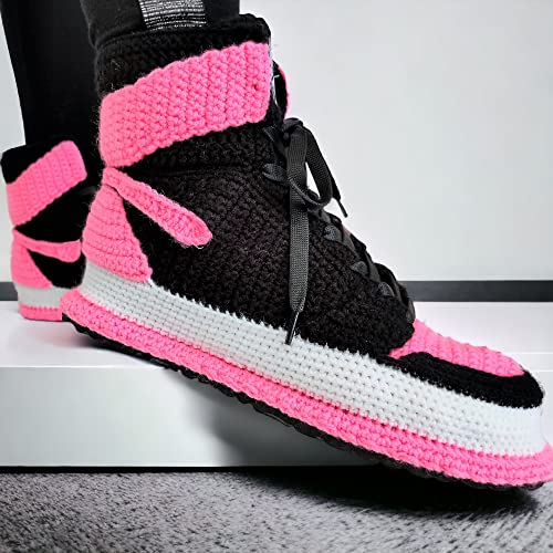 Custom Knitted Cozy Pink Sneaker Plush Slippers, Basketball Jordan-Inspired Booties Cotton Socks, Personalized Comfort Comfy Indoor Shoes, Handcrafted Crochet Sneakers Slipper3