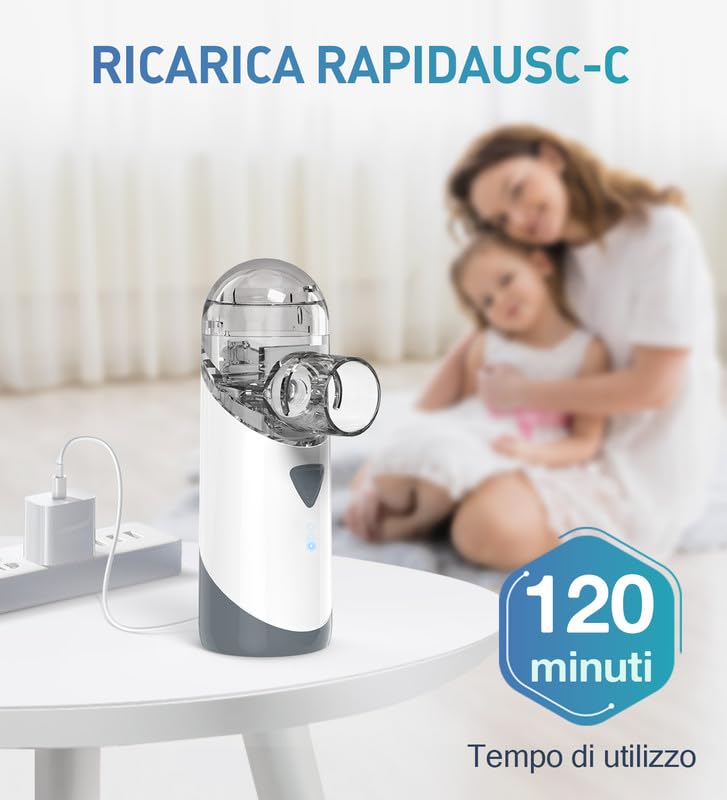 Aerosol, Aerosol Portatile Silenzioso Per Adulti e Bambini, USB-C Ricaricabile Aerosol Ultrasuoni con 2 Maschere e Boccaglio, Macchina Aerosol per Viaggi e Uso Domestico