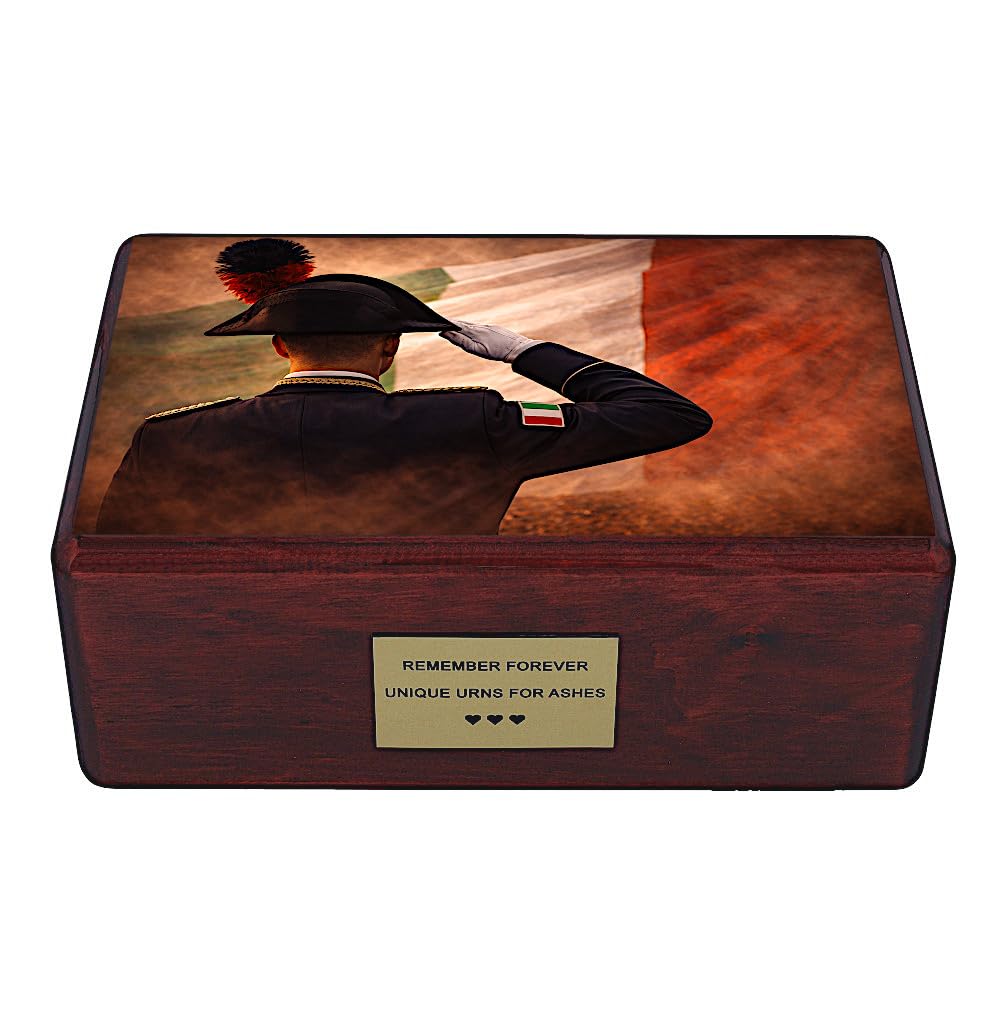 Italian Soldier Cremation Urn for Adult Human Ashes, Wooden Military Memorial and Patriotic Tribute