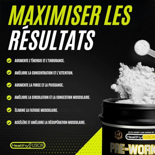 Healthy Fusion Pré Workout Puissant | Booster Énergie Pré-Entraînement avec Bêta-Alanine, Créatine, Caféine, Taurine, Vitamines B6, B9, B12, C | Saveur Pastèque | 300g – Image 4