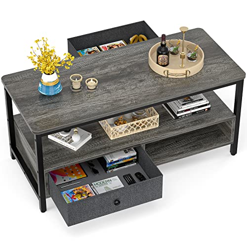 center piece coffee table - Armocity Coffee Table with Storage Drawers, Grey Coffee Table for Living Room, Center Table for Living Room with Double Storage Shelves, Metal Frame, Easy Assemble, Gray Oak