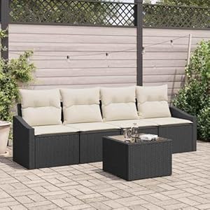 Generisch Sofa Set mit Kissen 5 pcs Schwarz und Creme Poly-Rattan,Möbel,Gartenmöb...