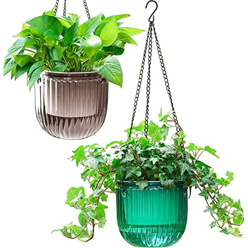 Melphoe 2 Pack Self Watering Hanging Planters Indoor Flower Pots, 6.5 Inch Outdoor Hanging Plant Basket, Hanger with 3Hooks Drainage Holes for Garden Home (Emerald + Gray)