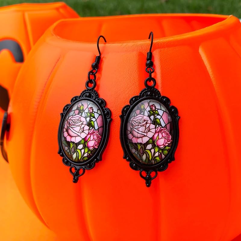 Gothic Rose Cameo Earrings for Women Vintage Rose Glass Earring Goth Red Flower Dangle Earrings Dark Punk Glass Flower Drop Earring Halloween Holiday Jewelry Accessories - Image 4
