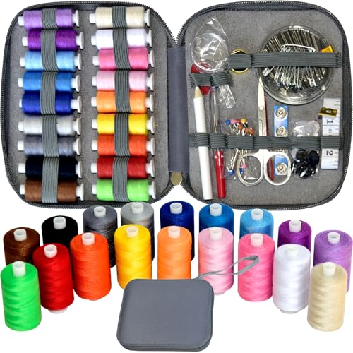 Image of Sewing Kit with Case Portable Sewing Supplies for Home Traveler, Adults, Beginner, Emergency, Contains 18 Sewing Thread, Scissors, Needles, Measure etc (Grey)